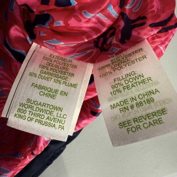 Lilly Pulitzer Vest Womens Large Navy Quilted Puffer Down Pink Print Lining - Picture 6 of 11